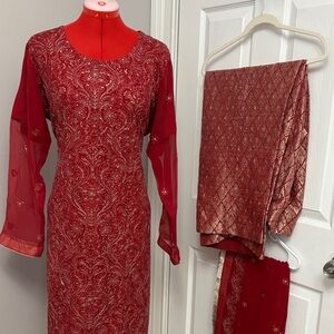 Embroidered Red Formal trouser Kameez Set